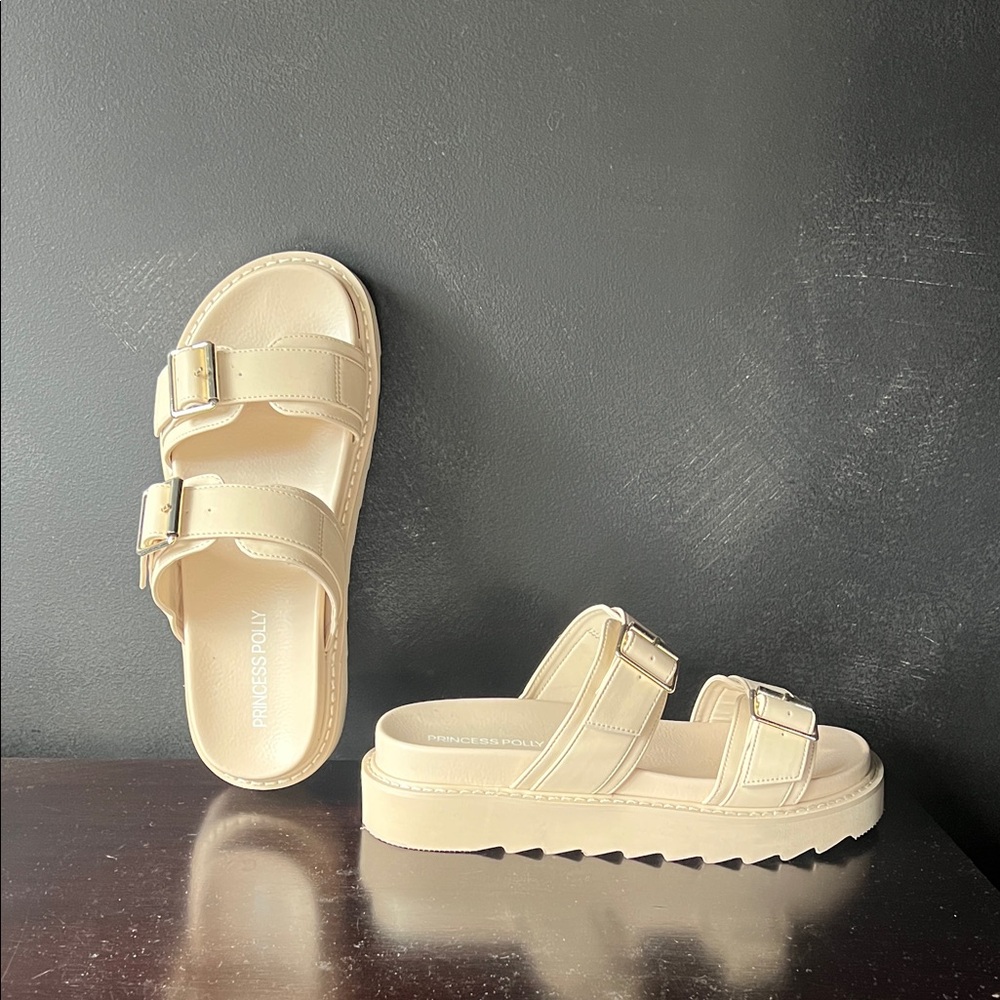 Princess Polly Cream Double Strap Sandals